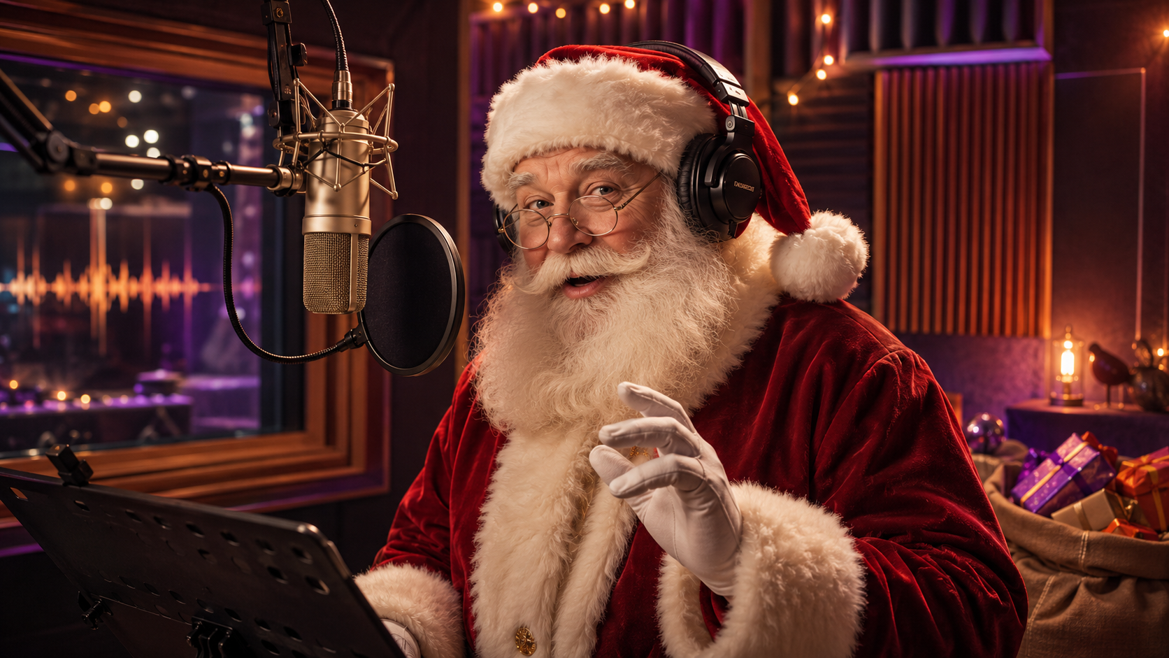 Traditional Father Christmas recording a professional Santa voiceover in a festive broadcast studio