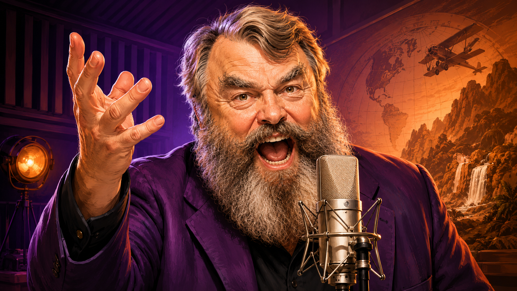 Brian Blessed impression voiceover, illustrated caricature delivering a booming performance into a professional studio microphone.
