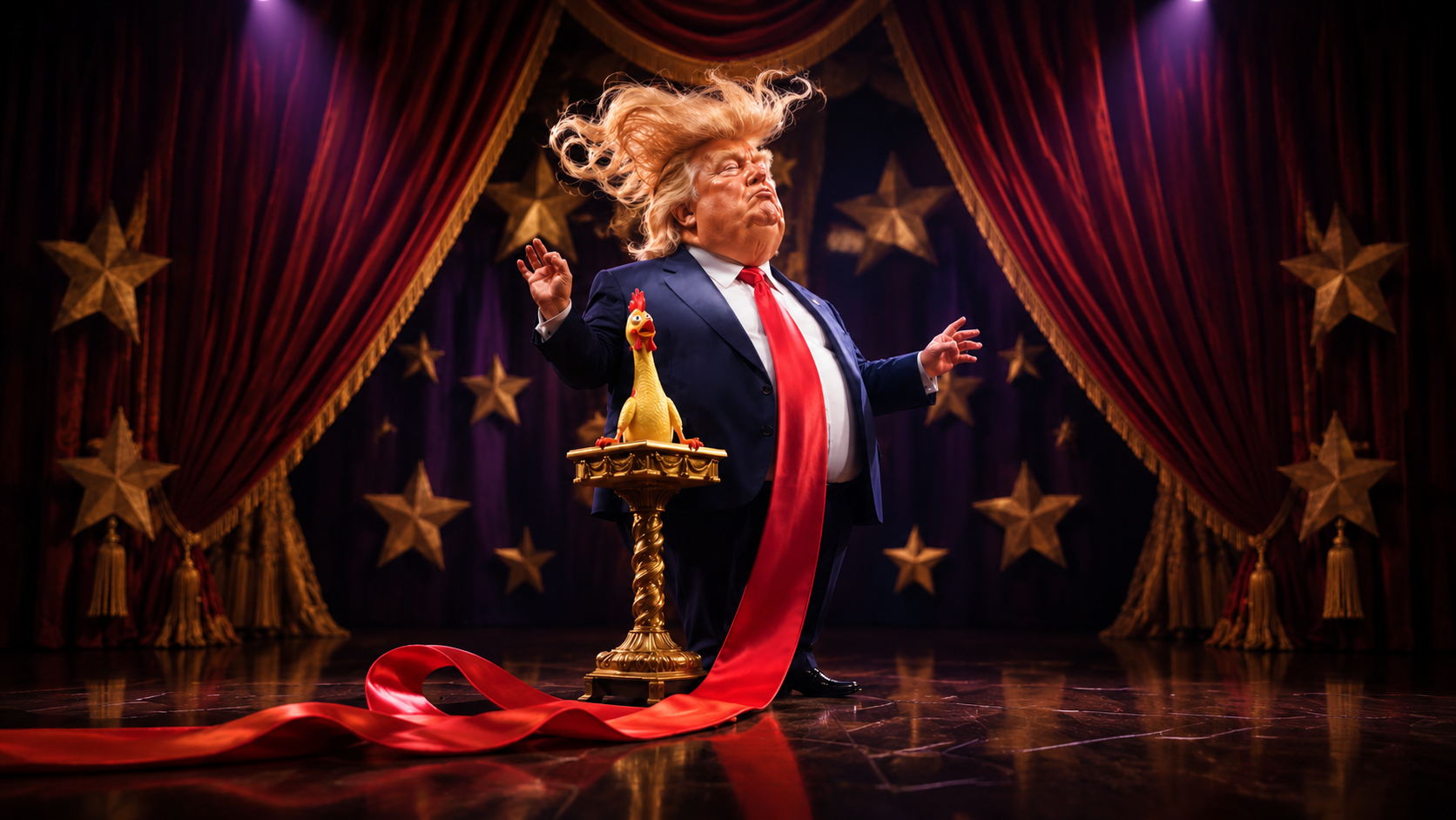 Donald Trump impressionist caricature with an oversized red tie and rubber chicken at a gold lectern.