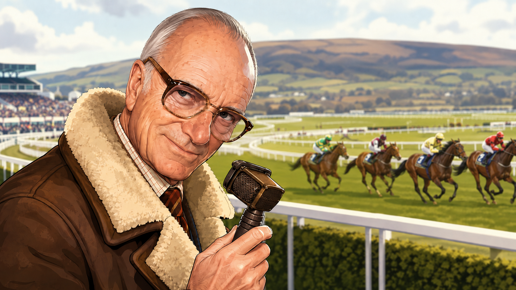 Peter O’Sullevan-style horse racing commentator voiceover holding a Coles lip microphone at a racecourse