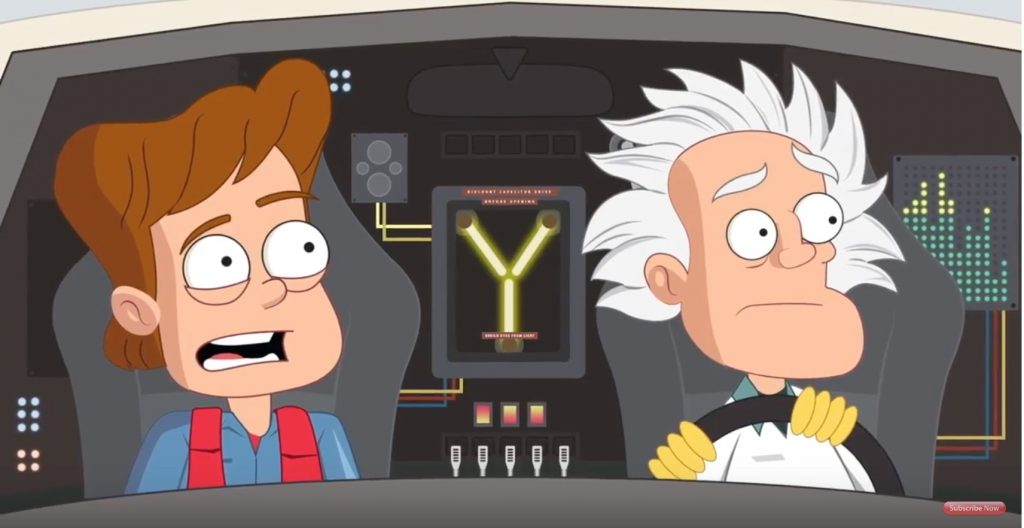Cartoon of Marty McFly and Doc Brown in a Back to the Future parody voiced by Darren Altman
