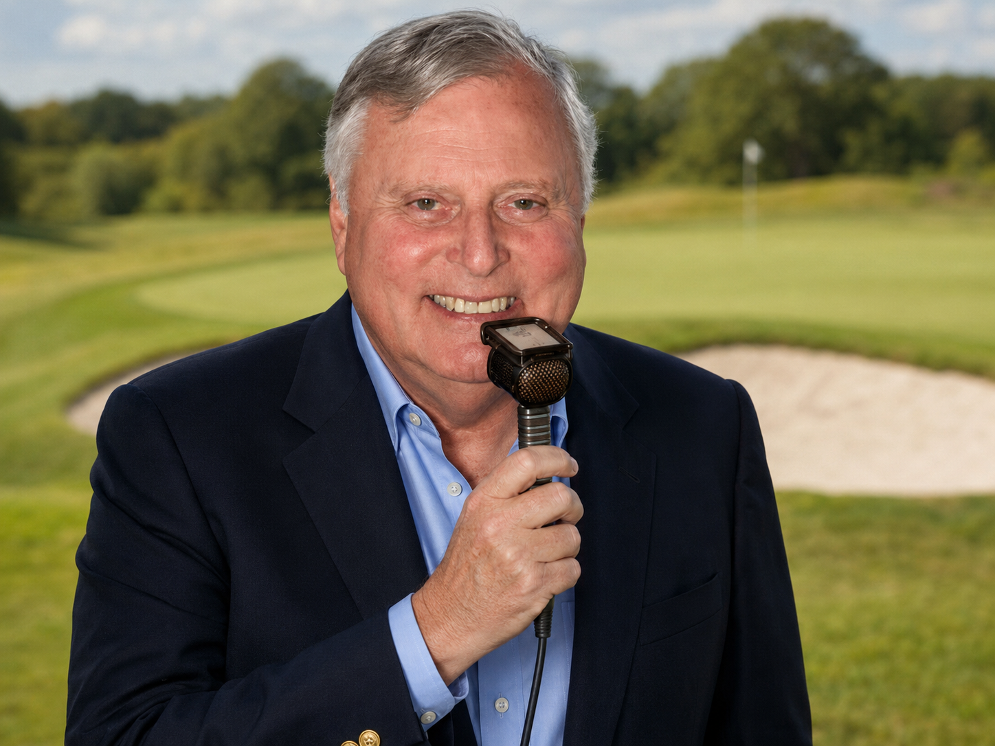 Peter Alliss impression with Coles lip mic on a golf green
