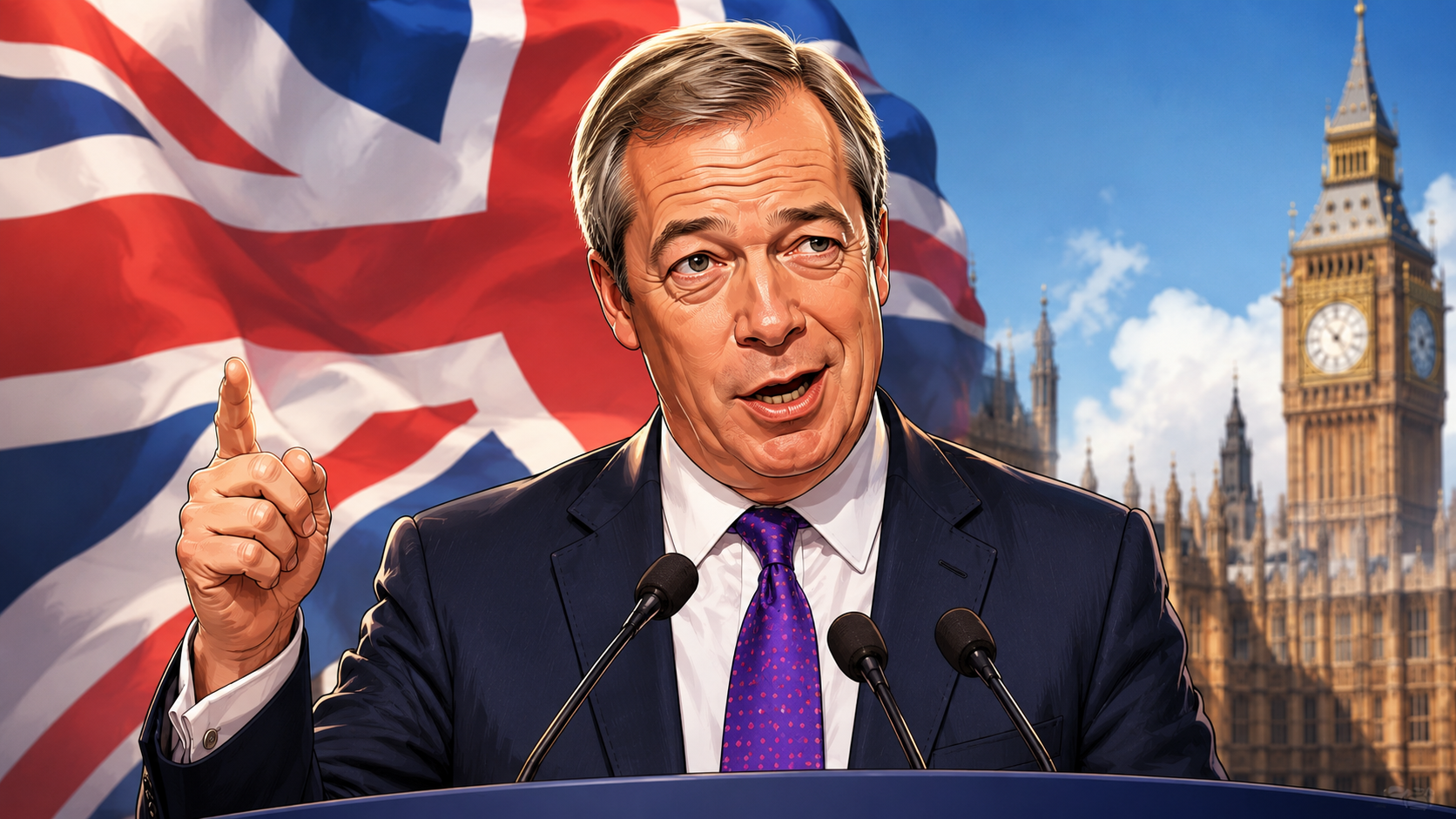 Nigel Farage impression cartoon illustration at a political podium with Westminster and Union Jack backdrop