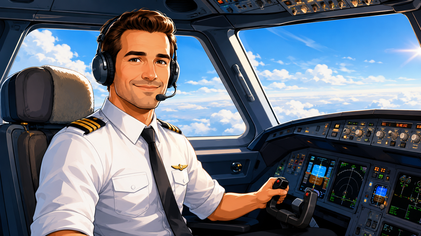 Airline pilot voiceover cartoon illustration inside an aircraft cockpit