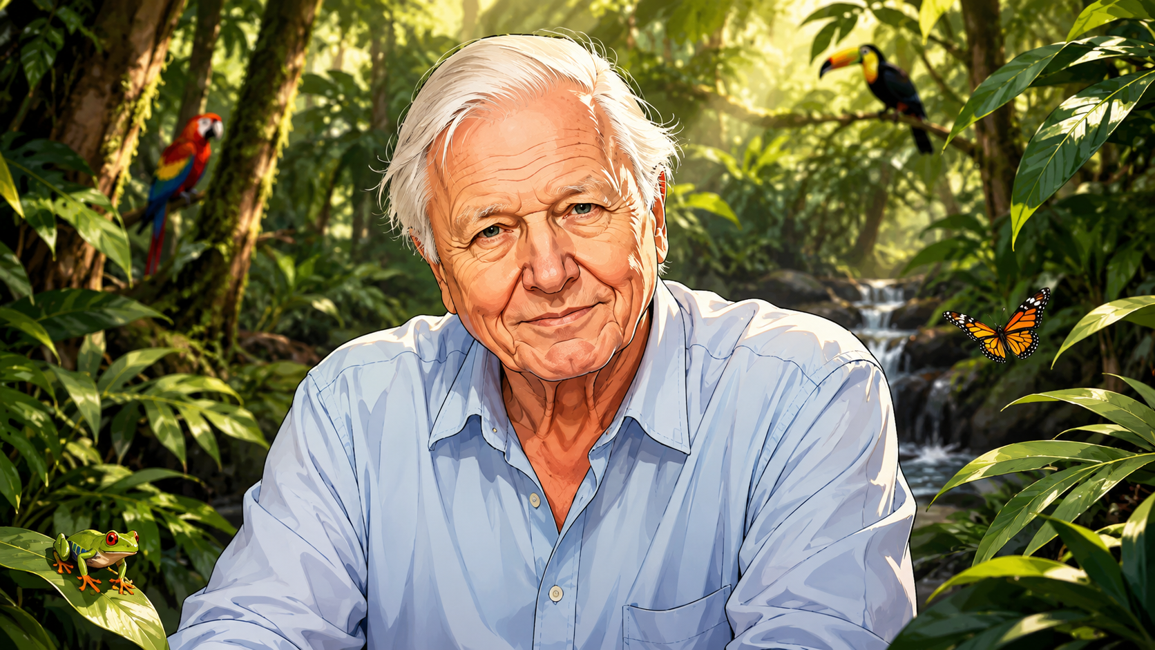 David Attenborough impression cartoon illustration in a tropical rainforest