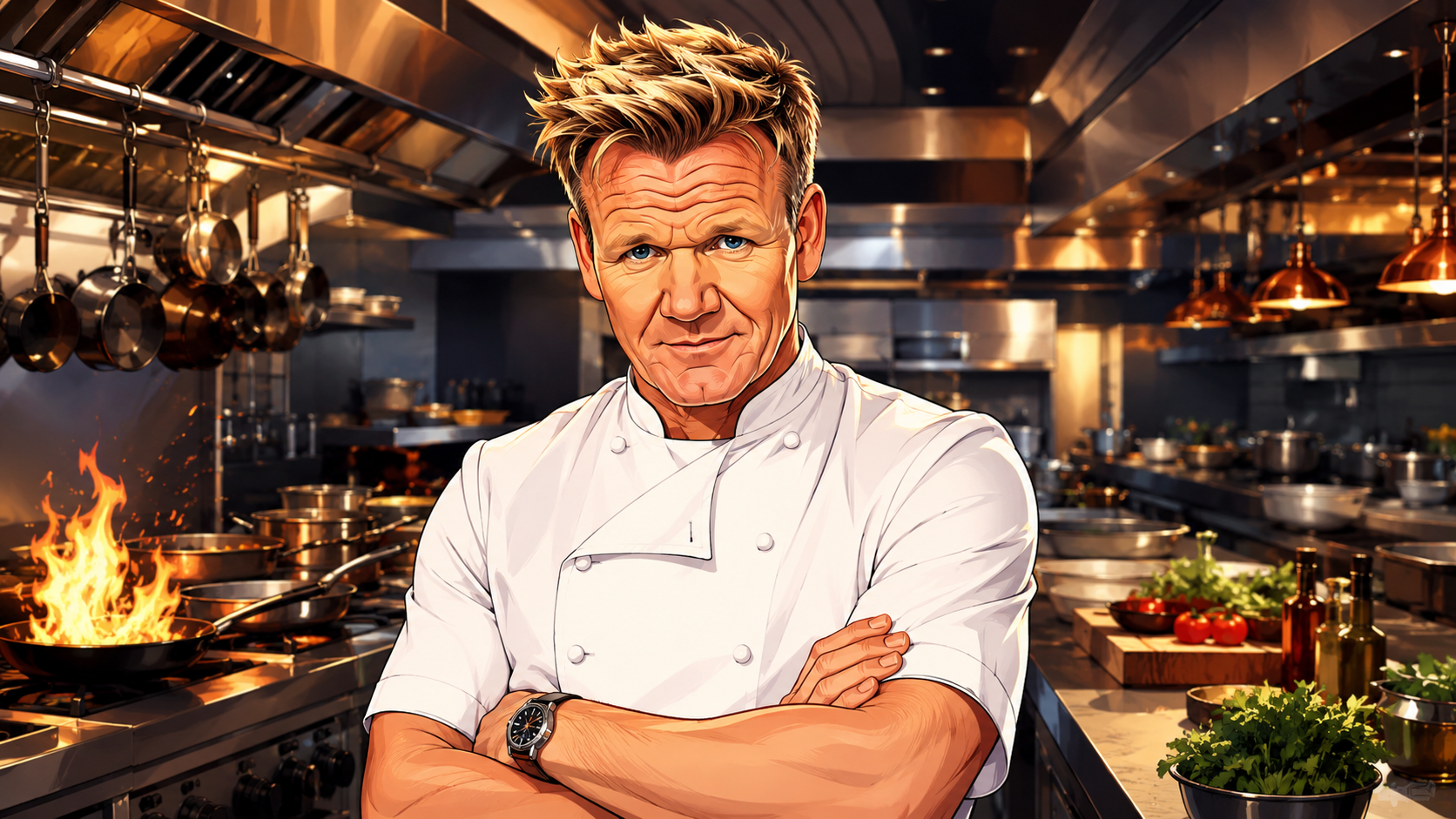 Gordon Ramsay impression cartoon illustration in a professional kitchen
