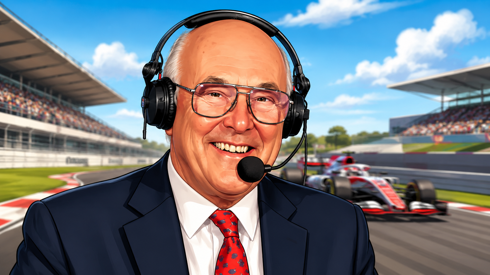 Murray Walker impression cartoon illustration at a Formula 1 racing track